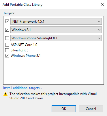 The Visual Studio 2015 PCL platform selection dialog 
