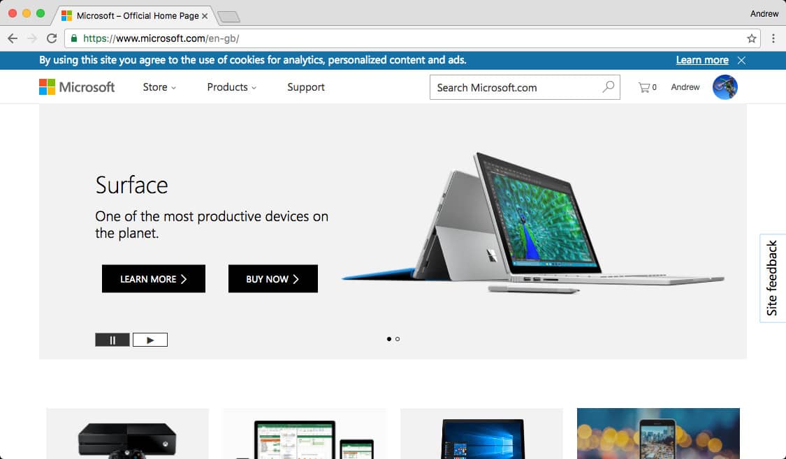 Microsoft home page with localised url
