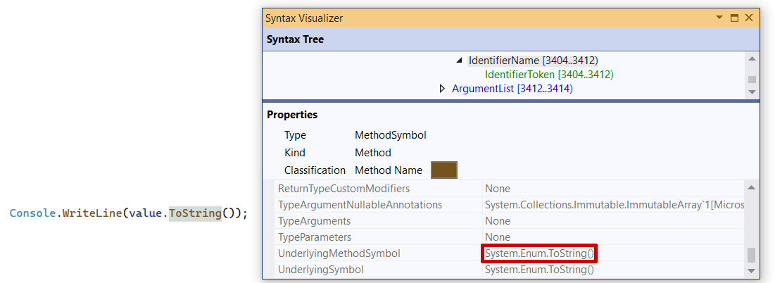 The Visual Studio syntax visualizer, showing that value.ToString() invokes System.Enum 