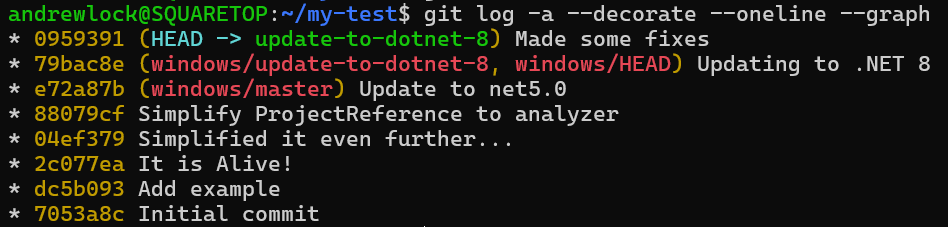 The output from git log for WSL after making a commit