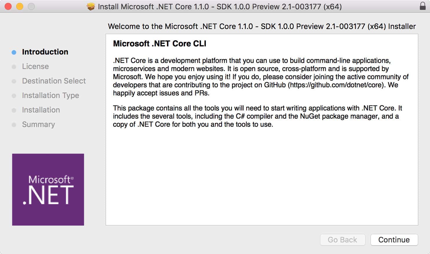.NET Core 1.1.0 installer