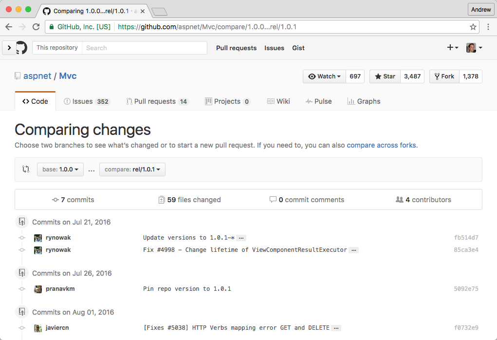 Comparing between branches in GitHub