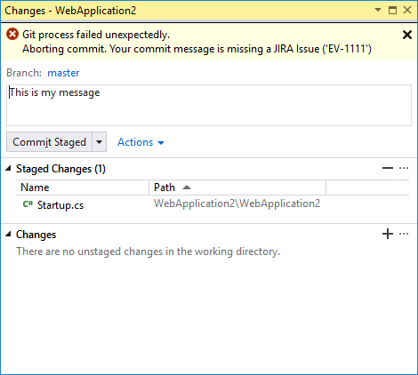 Warning when committing from VS 2017