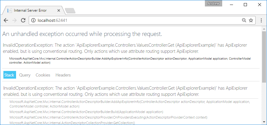 Error when using ApiExplorer on conventional routing