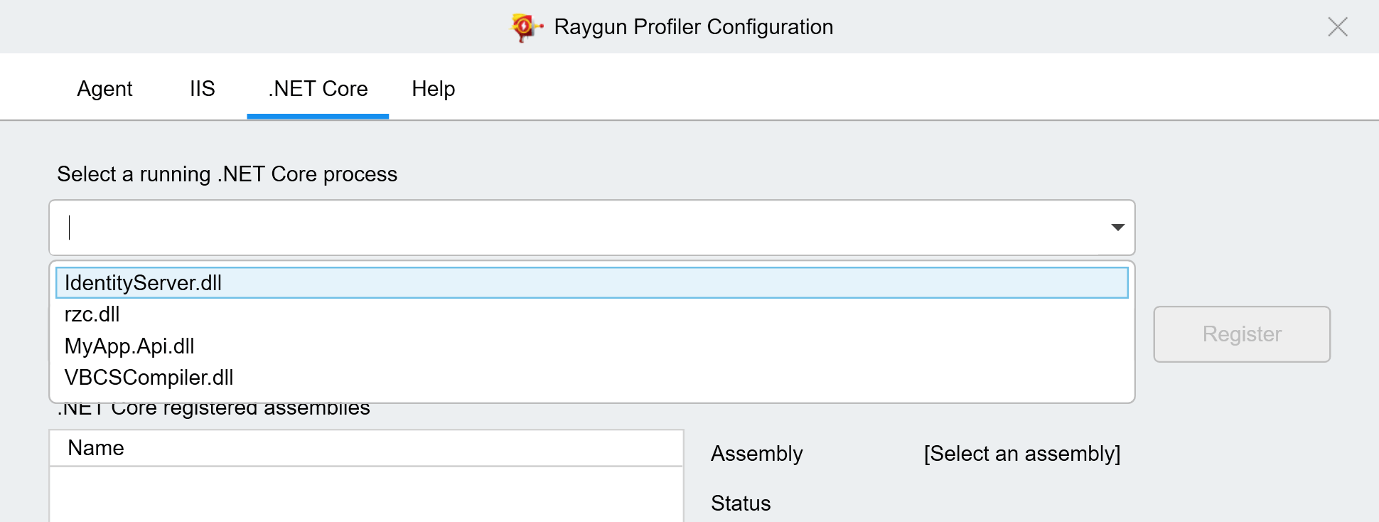 Registering an application with the profiler configuration tool