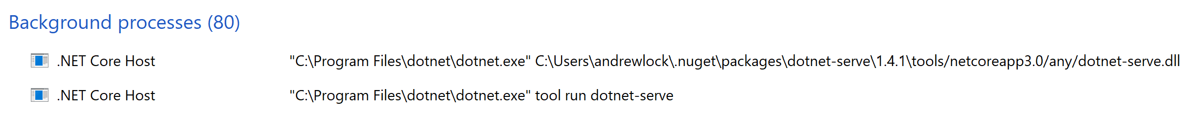 The Windows process explorer when running 'dotnet tool run dotnet-serve'