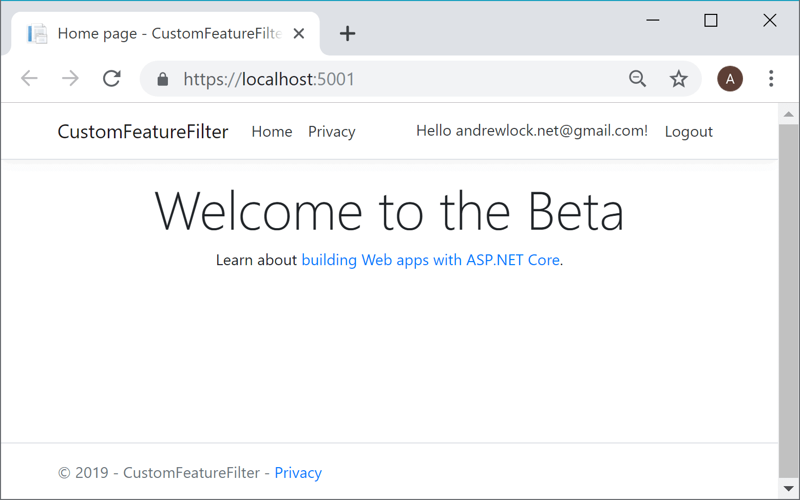 When the feature flag is enabled, the header says Welcome to the Beta