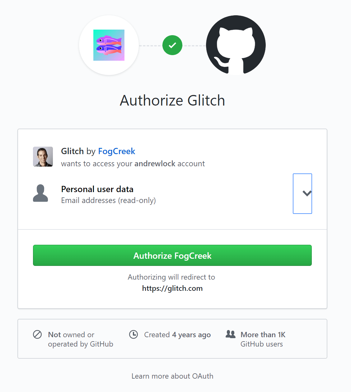 Authorize Glitch to use your GitHub identity