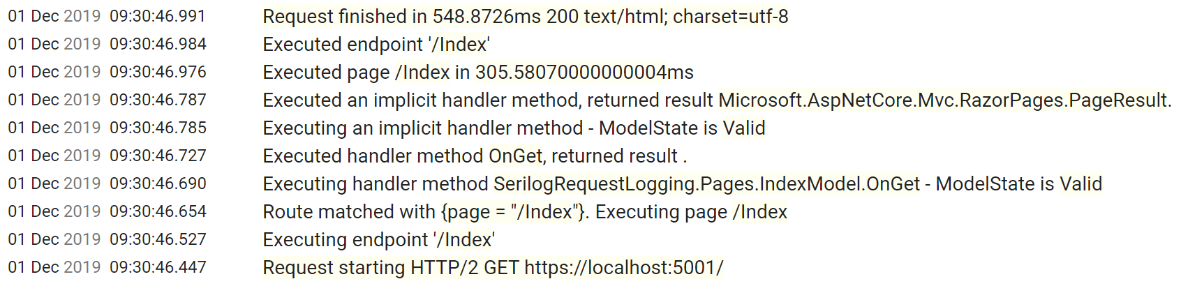 Image of many infrastructure logs without using Serilog request logging