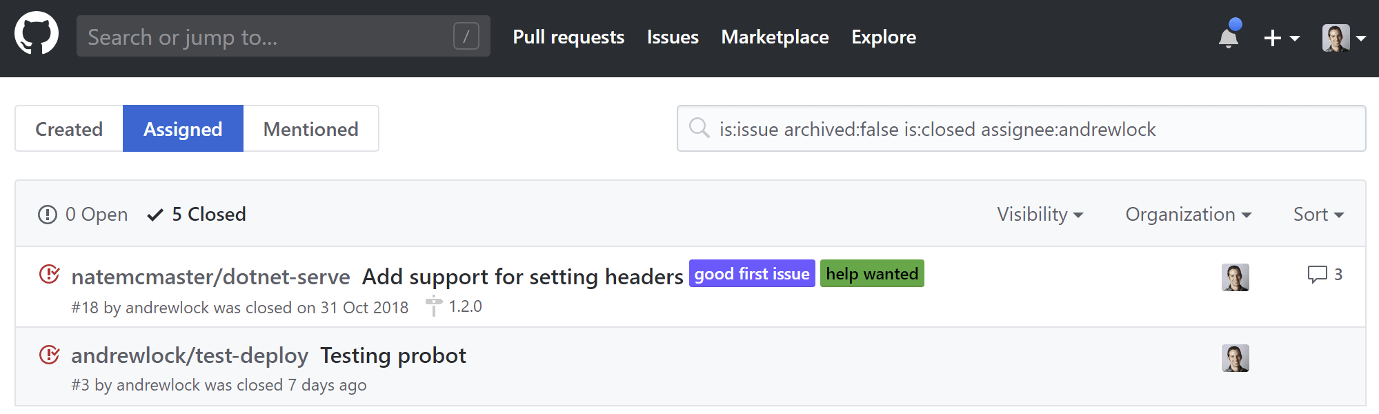 The assigned issues filter in GitHub