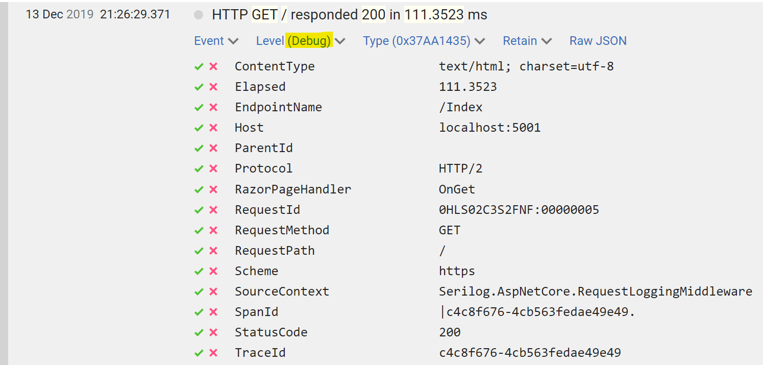 Seq showing debug request logs