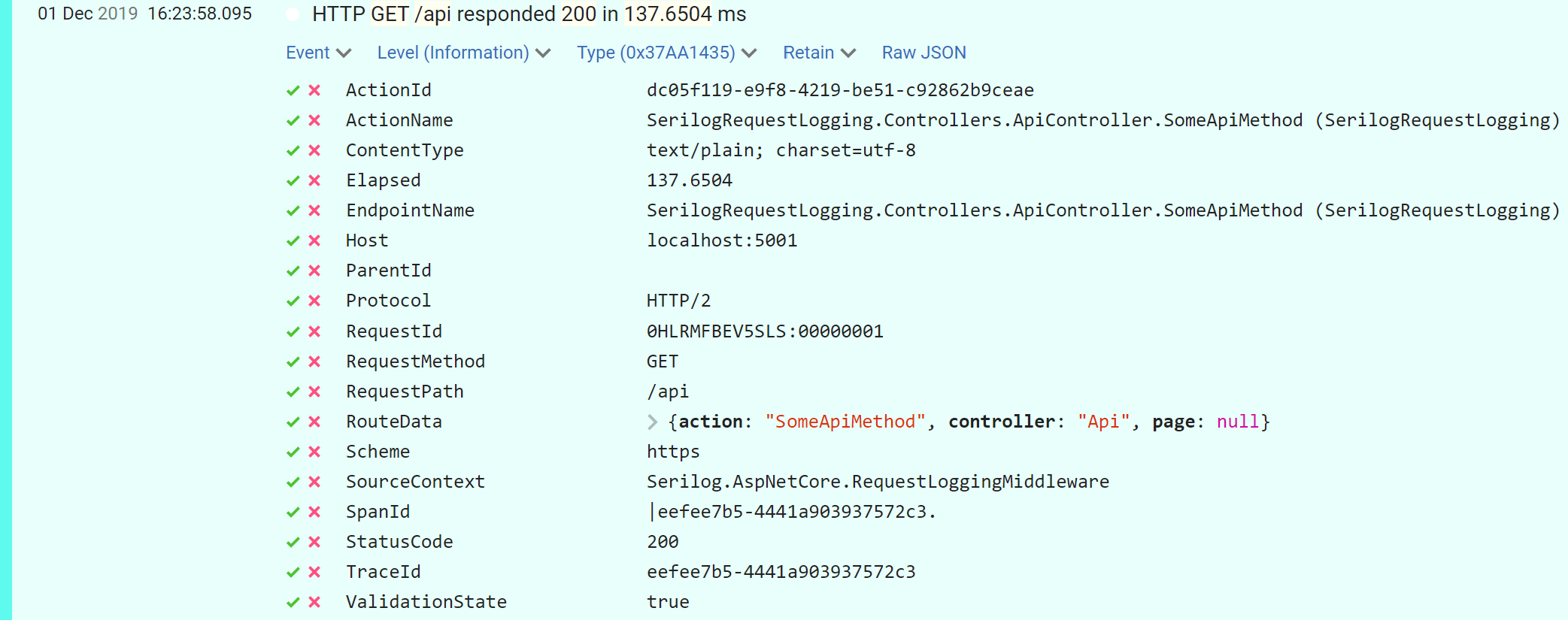 Image of extra MVC properties being recorded on Serilog request log