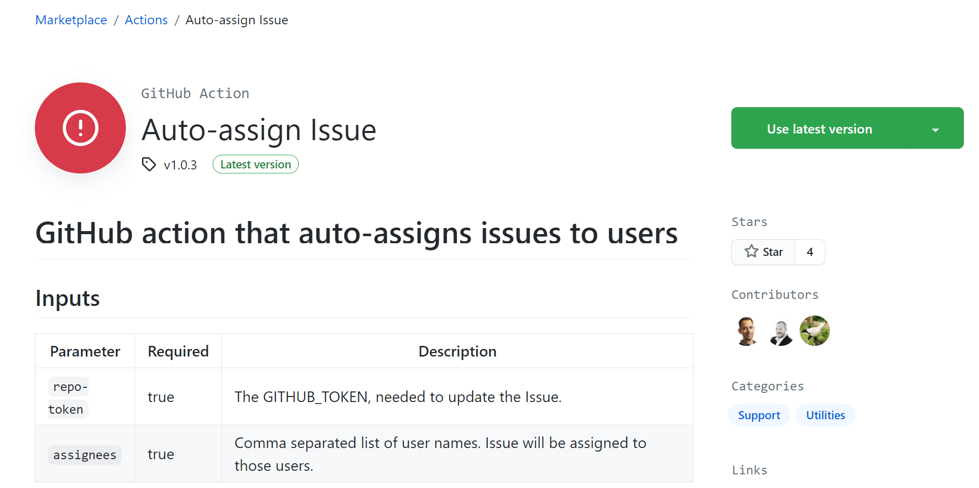The Auto Assign Issues GitHub action on the marketplace
