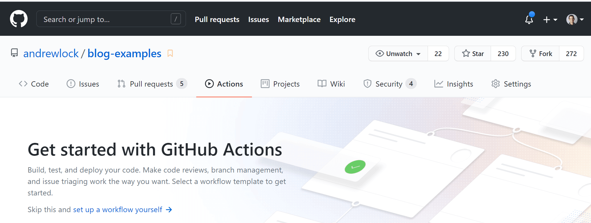 The default GitHub actions page