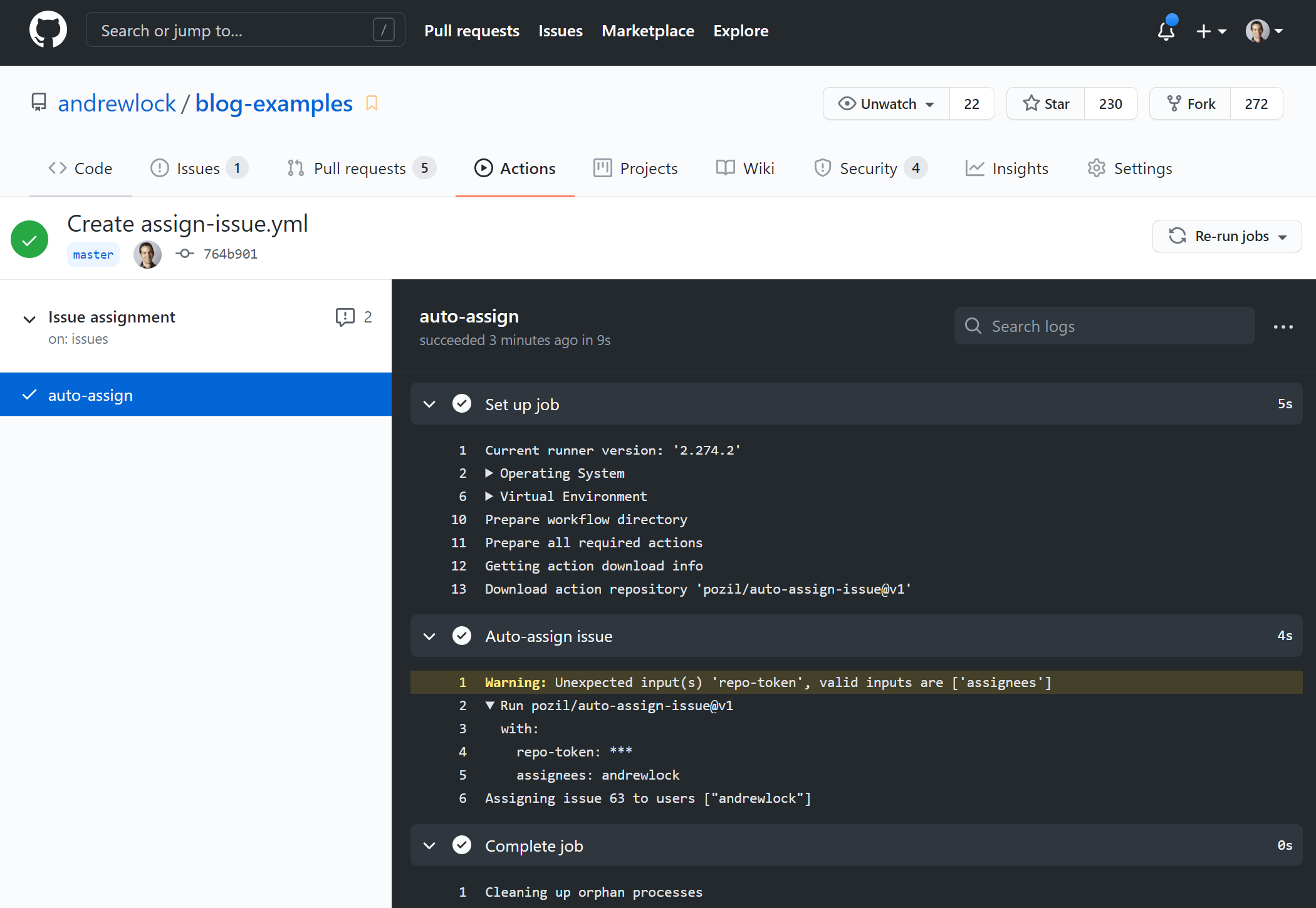 Viewing the logs of the completed workflow