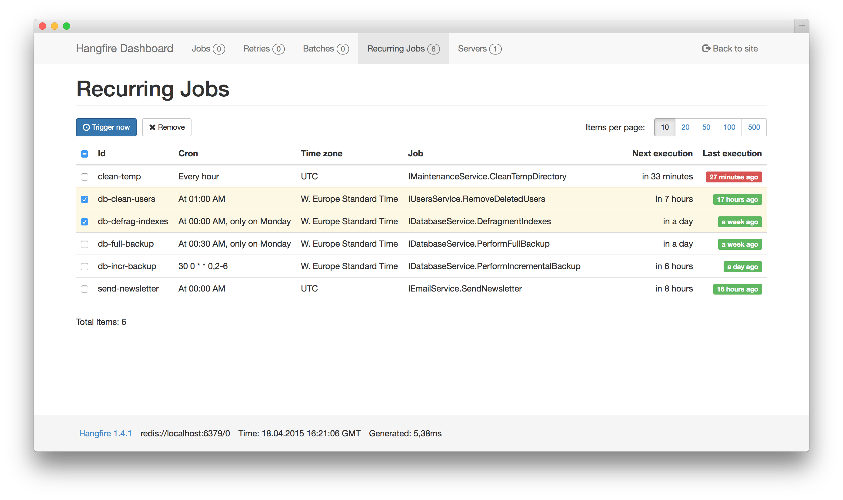 Image of Hangfire.io's recurring jobs screen, showing Execute Now button
