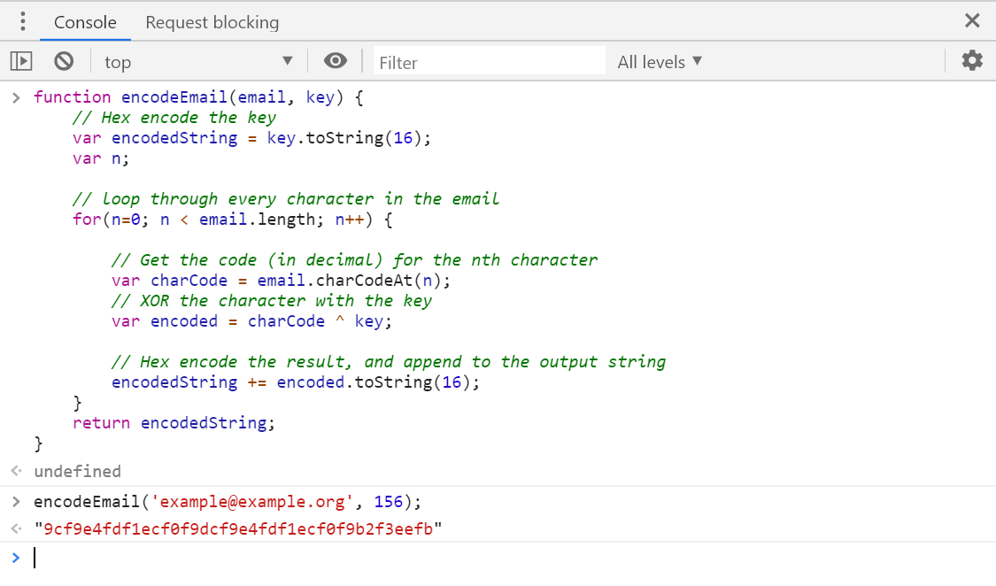 Image of encoding a string in Chrome's dev console