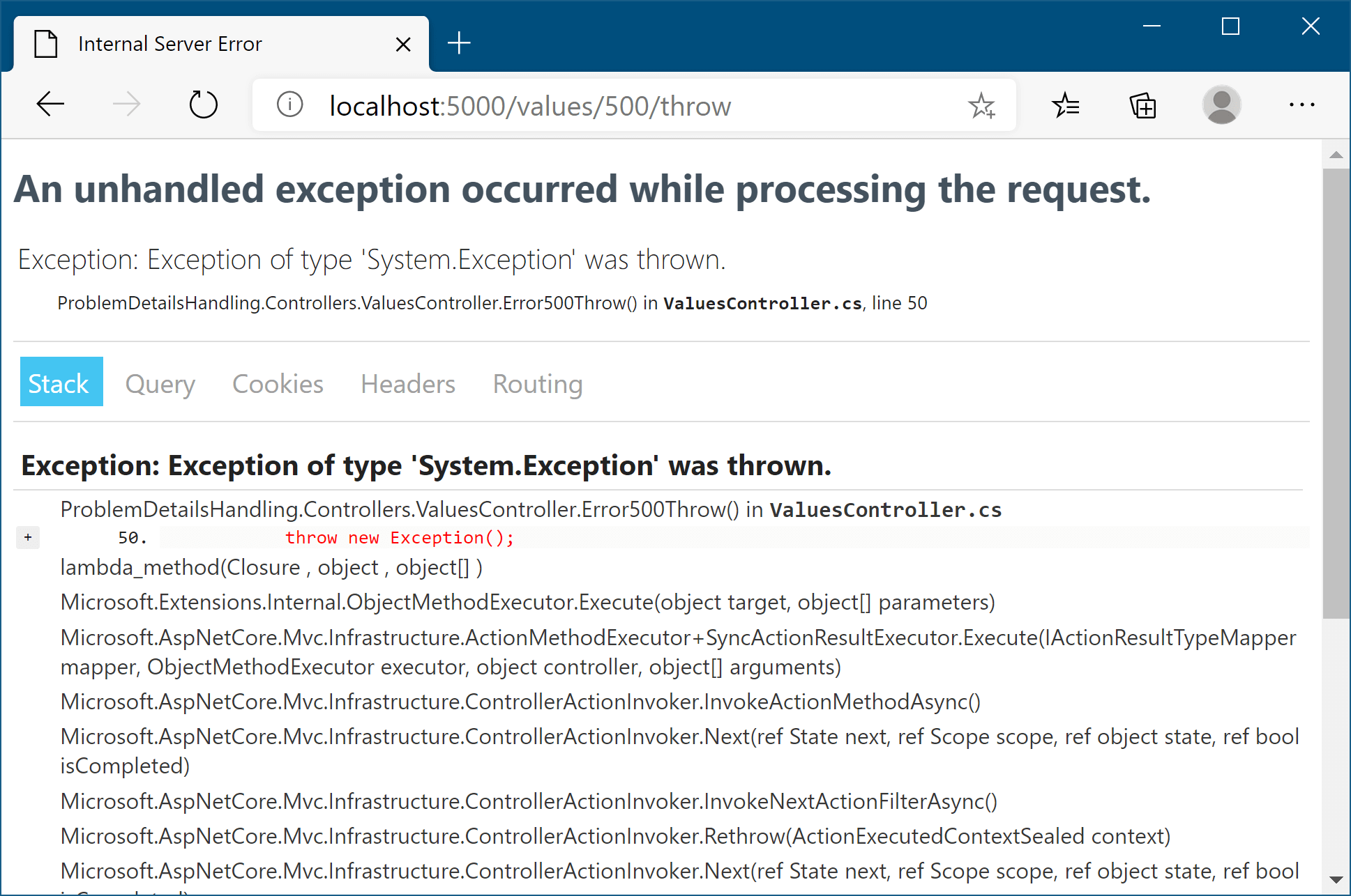 Developer exception page