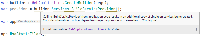 Warning when calling BuildServiceProvider() with minimal hosting APIs