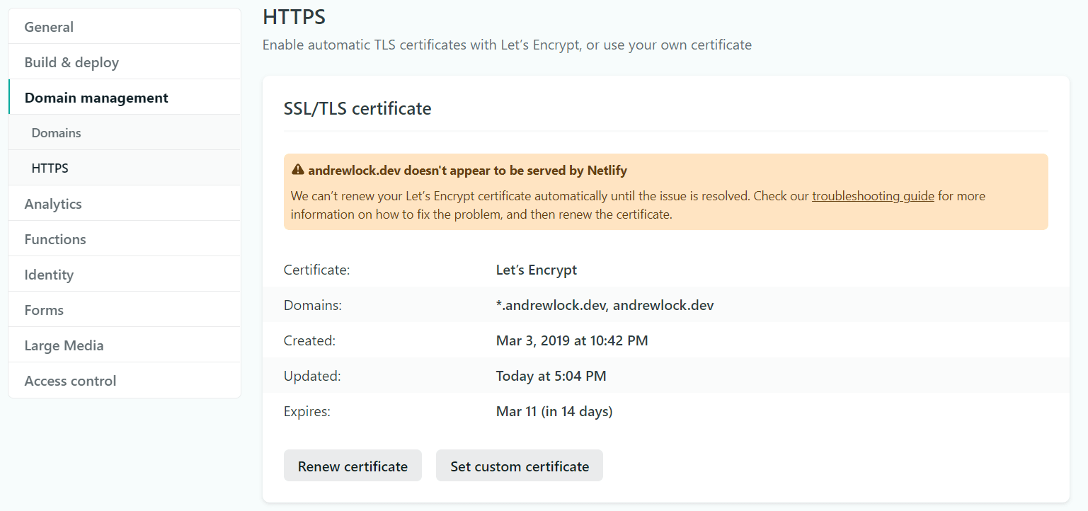 Netlify fails to renew the certificate