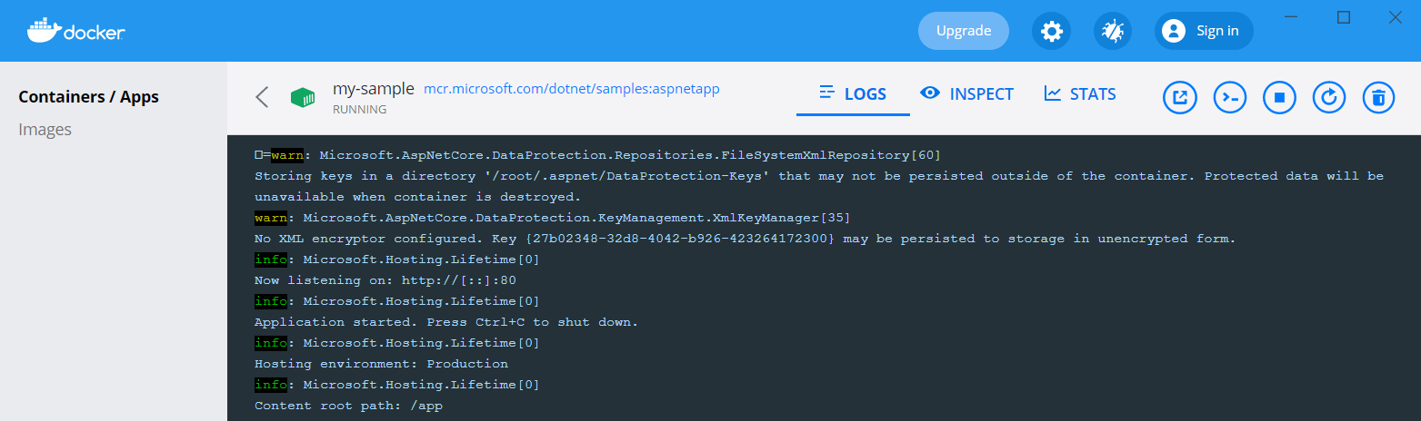 The Logs from a container in Docker Desktop
