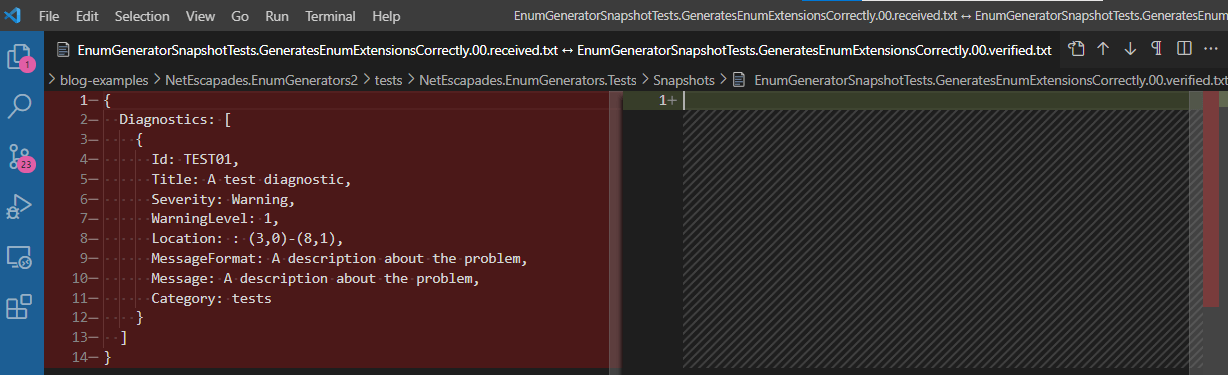 Diff tool showing the serialized diagnostic in the left pane, and an empty right pane