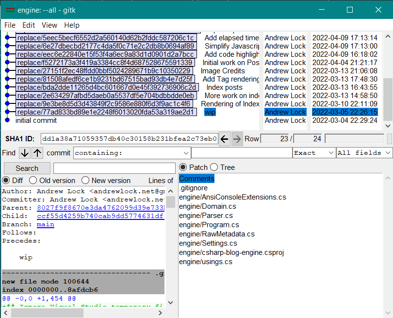 gitk shows the gitignore files in the root folder, with everything else in the engine subfolder