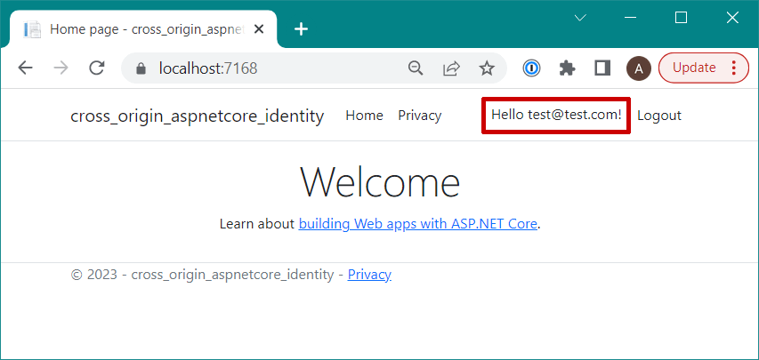 Default ASP.NET Core Identity app after logging in, highlighting that the email address is shown in the address bad