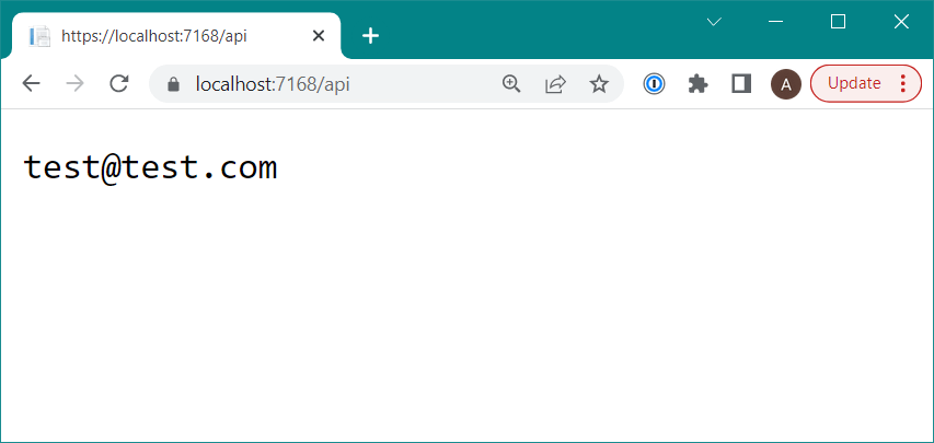 Calling an ASP.NET Core minimal API by navigating directly in the browser. The browser sends cookies, so the request is authenticated and returns the user email