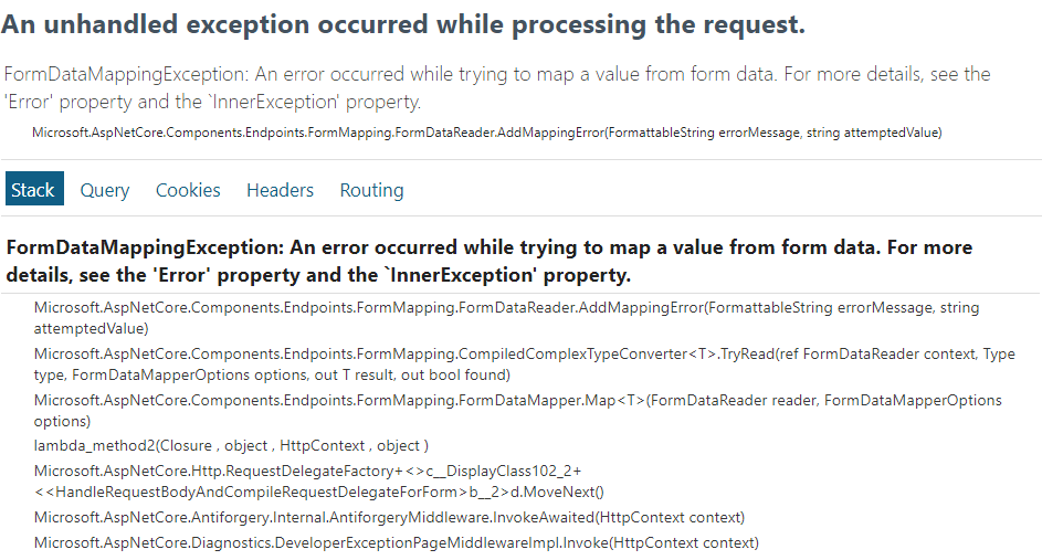 FormDataMappingException: An error occurred while trying to map a value from form data. For more details, see the 'Error' property and the 'InnerException' property.