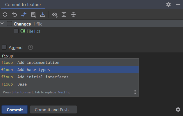 Rider showing a list of commits in the commit message dialog