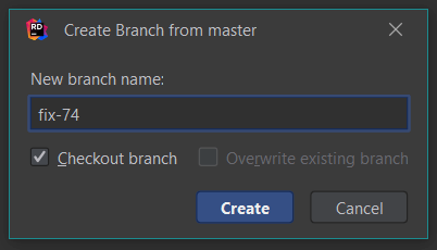 The create branch dialog