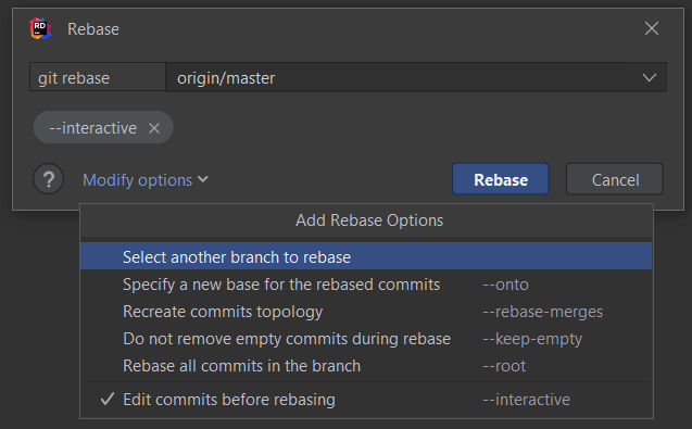 The modify options drop-down in the rebase dialog