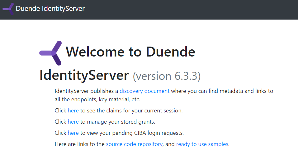 The IdentityServer homepage from the template