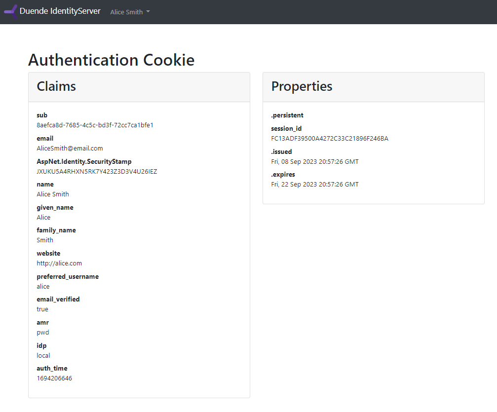 The IdentityServer claims page