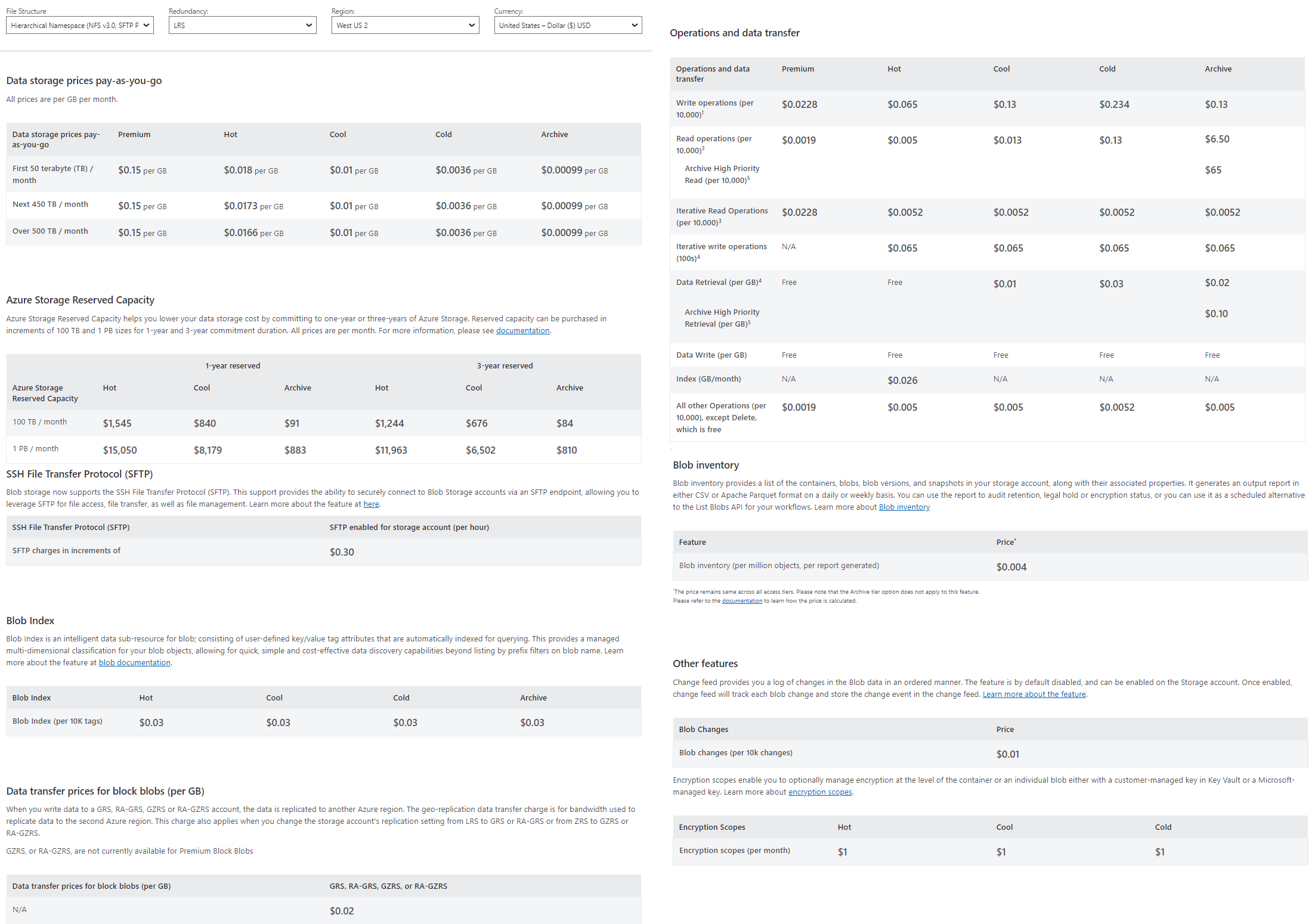 Screenshot from https://azure.microsoft.com/en-gb/pricing/details/storage/blobs/ of all the options available