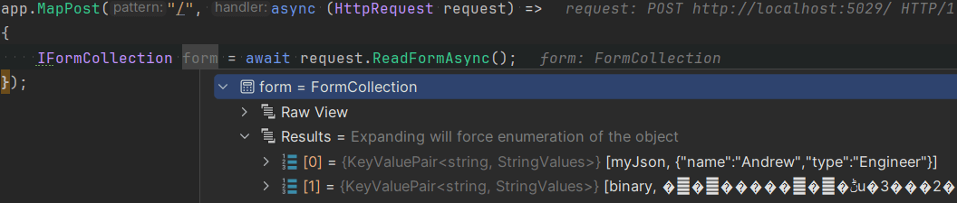 Image showing the result of running IFormCollection form = await request.ReadFormAsync() on a request