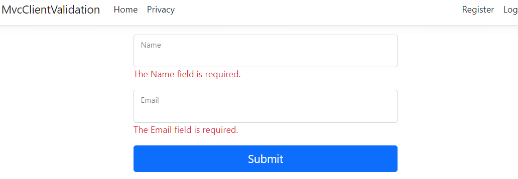 Image showing the validation form with errors for the Name and Email field