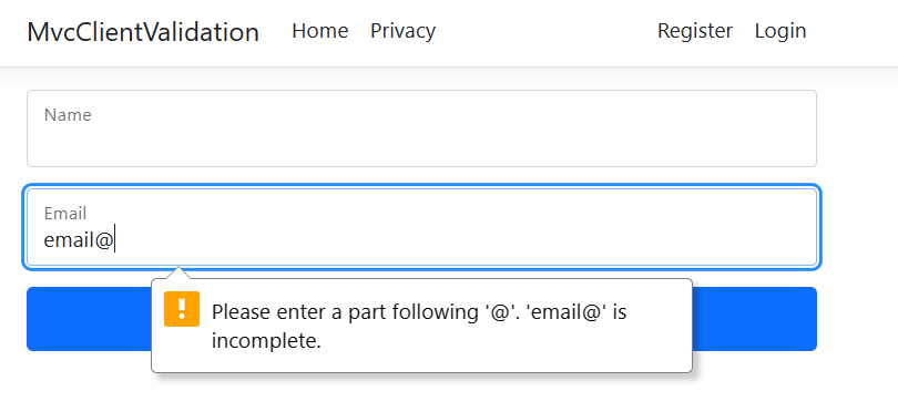 A form showing a standard validation popup about an invalid email