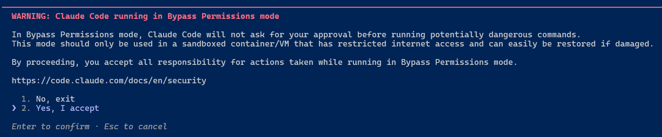 In Bypass Permissions mode, Claude Code will not ask for your approval before running potentially dangerous commands. This mode should only be used in a sandboxed container/VM that has restricted internet access and can easily be restored if damaged.