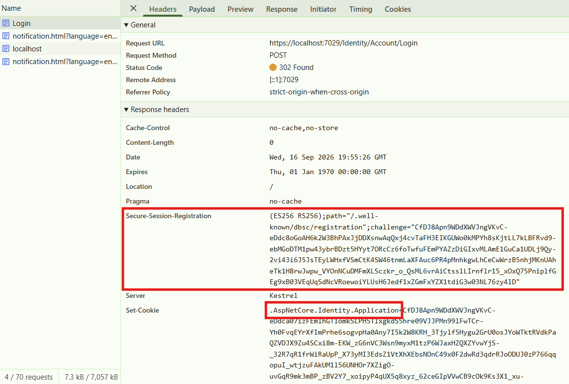 The login response showing the Secure-Session-Registration header and the Identity cookie