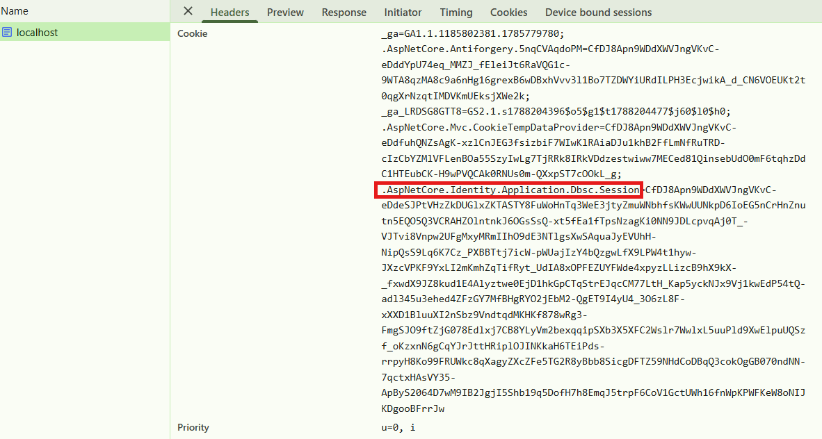 The .AspNetCore.Identity.Application.Dbsc.Session cookie in the request