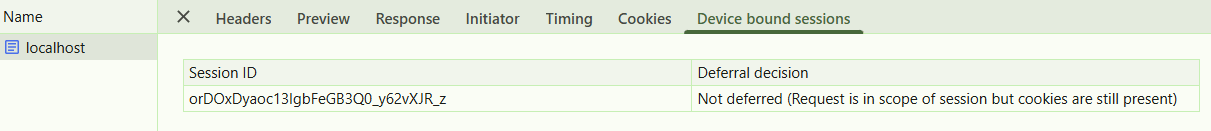 The Device Bound sessions tab, showing the session ID