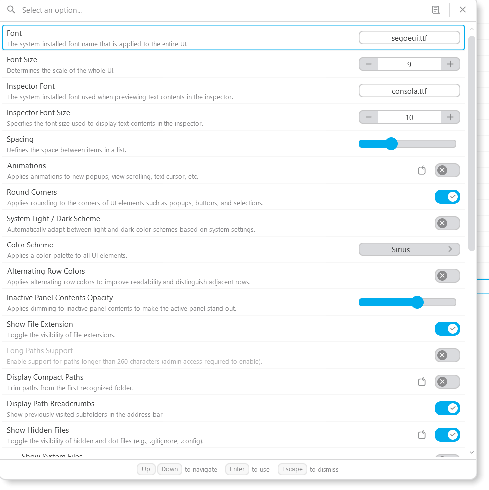 The options screen for File Pilot