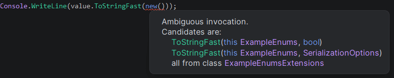 Screenshot showing ambiguous invocation error in Rider