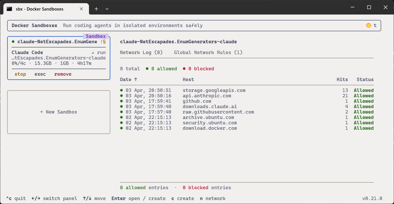 The sbx dashboard shows the networking requests, memory usage, uptime, and all your sandboxes