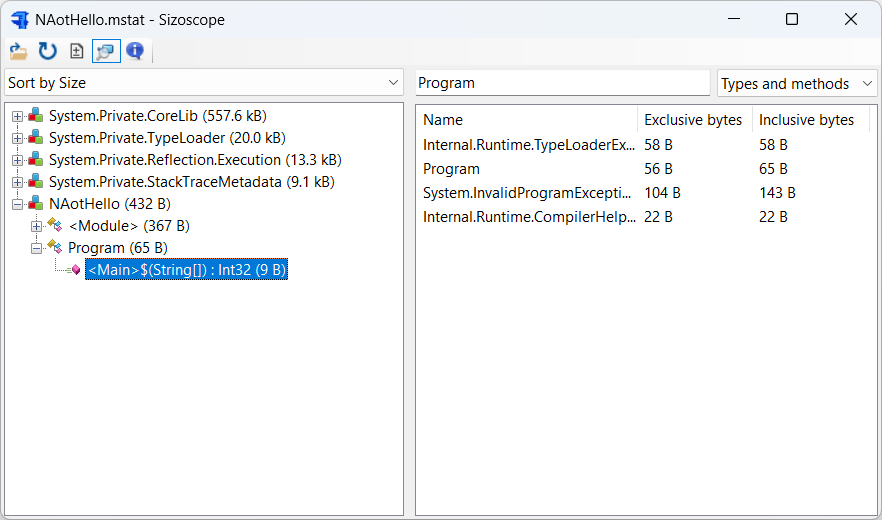 Image of the Sizoscope GUI showing where things are in a NativeAOT application
