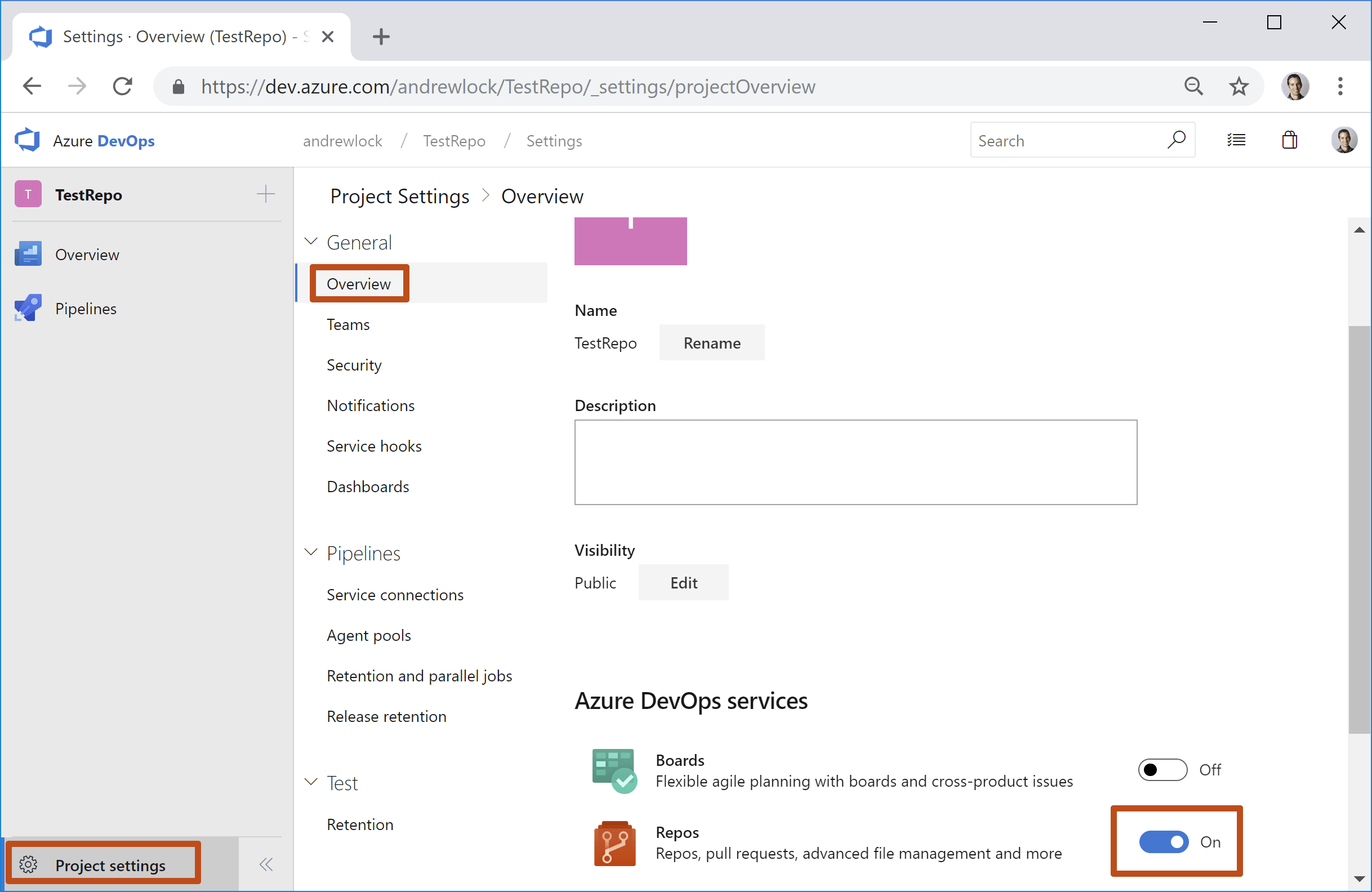 Enable Azure Repos for a project